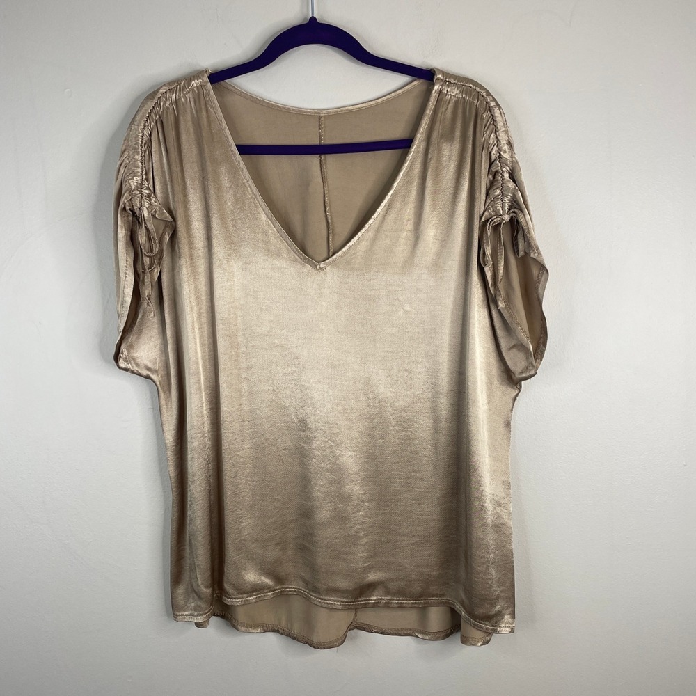 Boutique Shimmery Metallic Top Womens Xlarge Gold Satin Flowy Ruched Party Silky